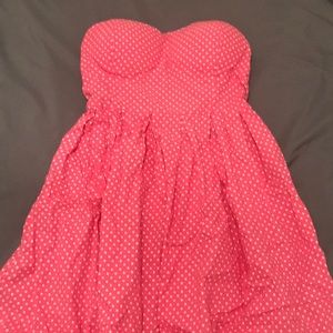 Pink and white polka dot strapless dress